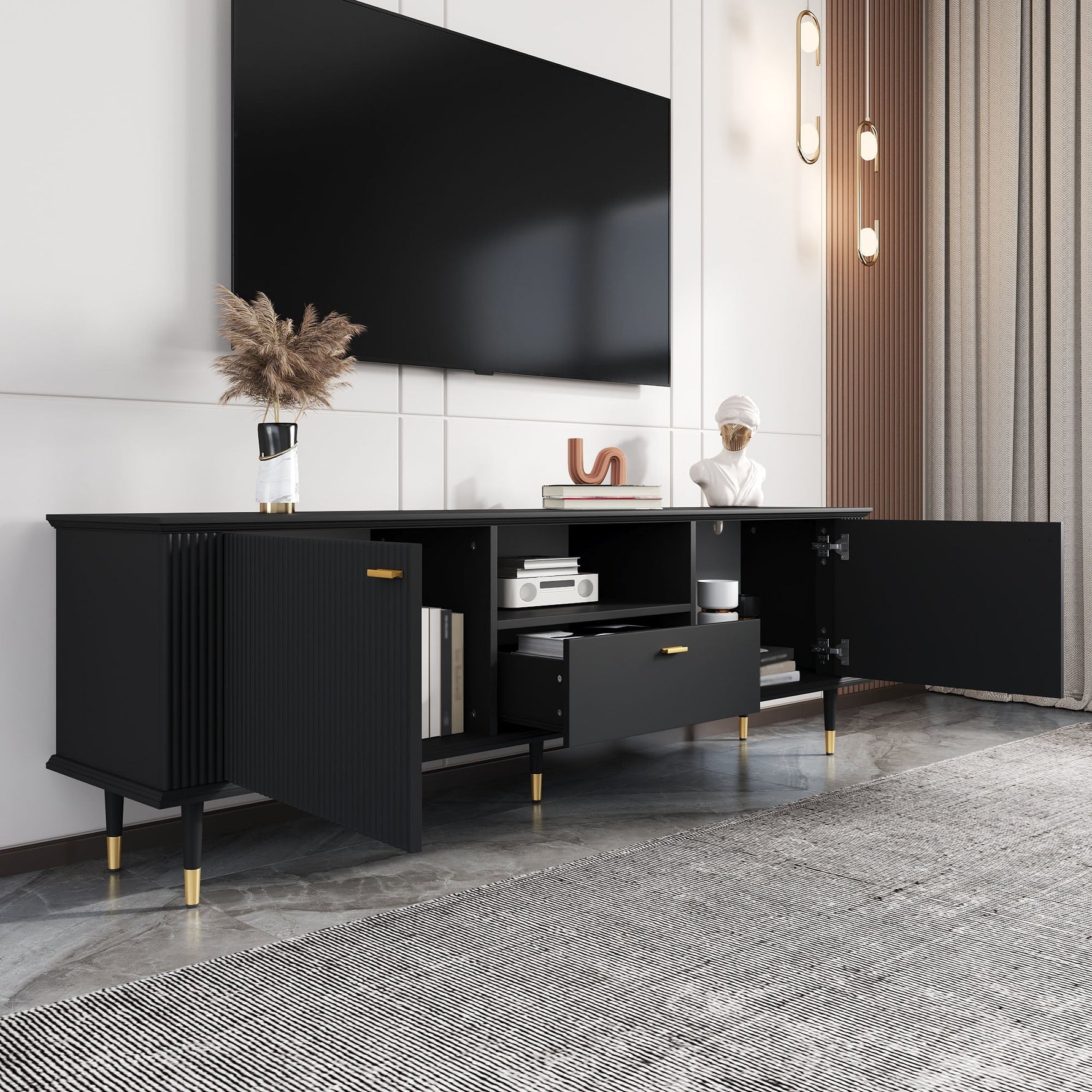 TV Cabinet with Open Compartments, Drawers and Soft-Close Hinges, Lacquered Textured Surface