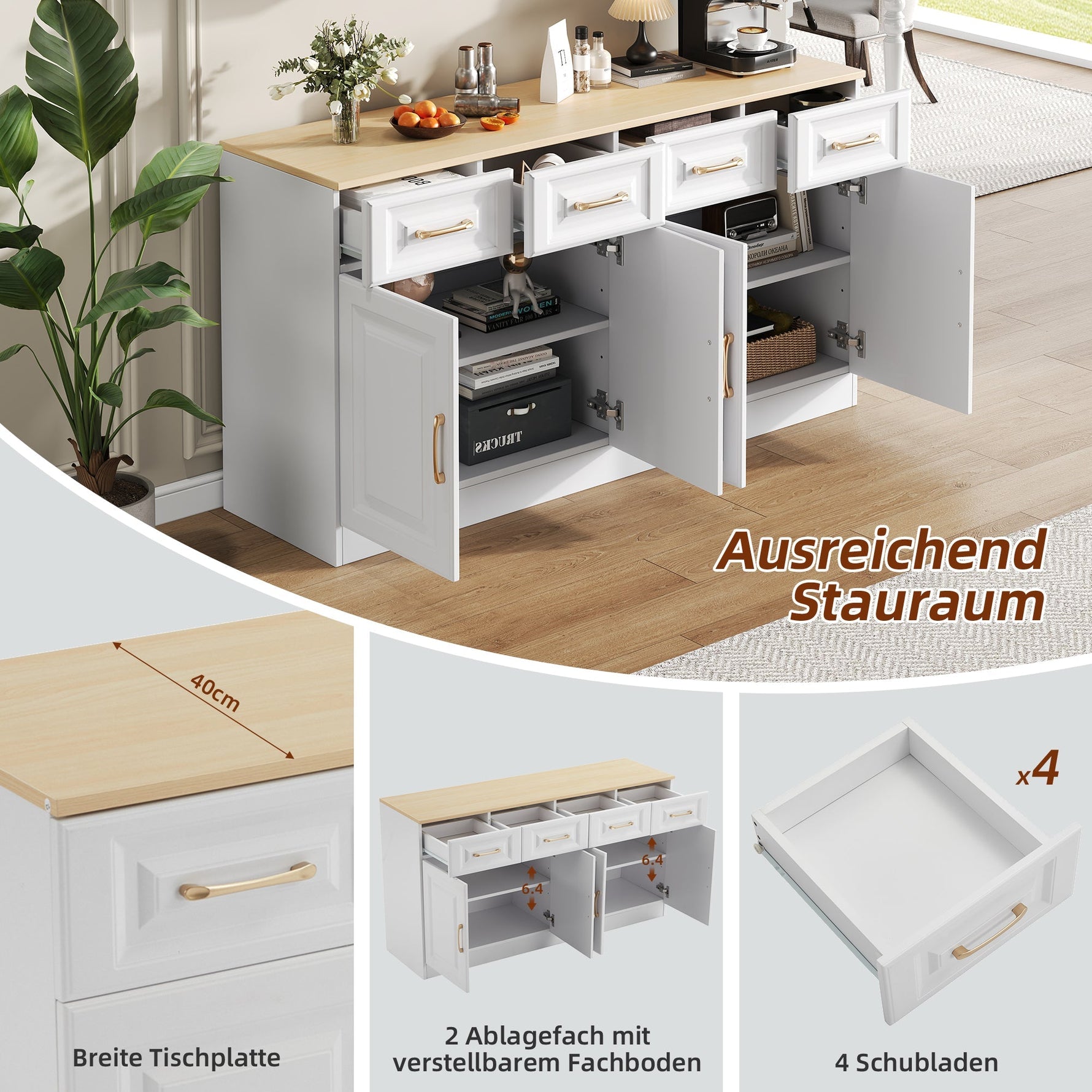 Sideboard Buffet Storage Cabinet 140cm 4 Drawers 4 Barn Doors White Wood