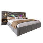 Bedroom Set, Upholstered Double Bed with 2 Nightstands & 4 Drawers, USB Reading Light, Gray Velvet
