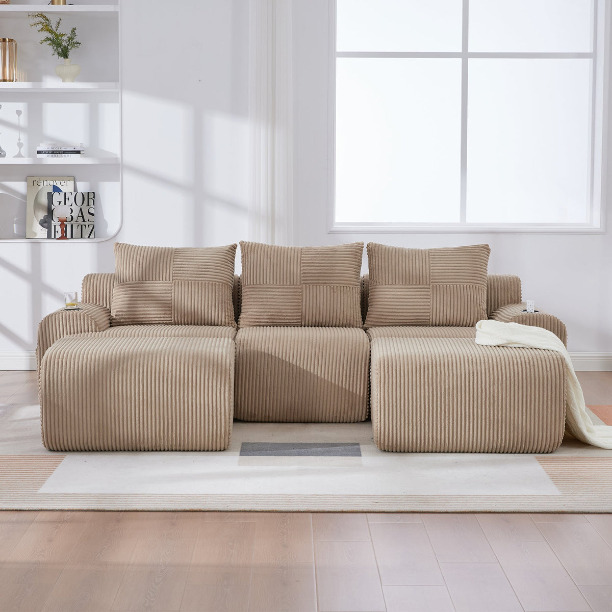 3-Seater Modular Sofa with Ottomans, Cup Holders and Side Pocket, Khaki Corduroy