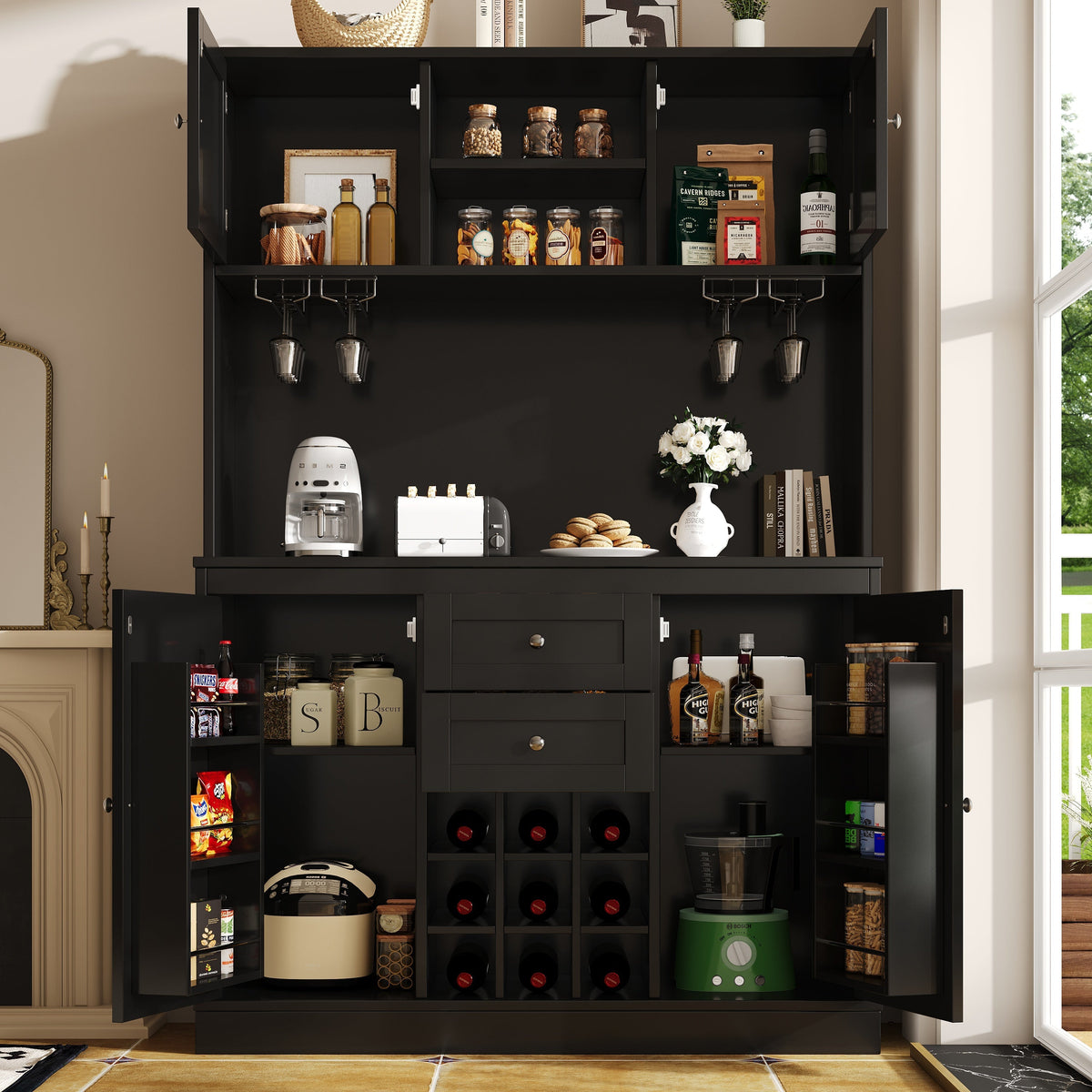 Tall Kitchen Buffet Cabinet with Adjustable Shelves, Wine Rack, 4 Doors & 2 Drawers - Black