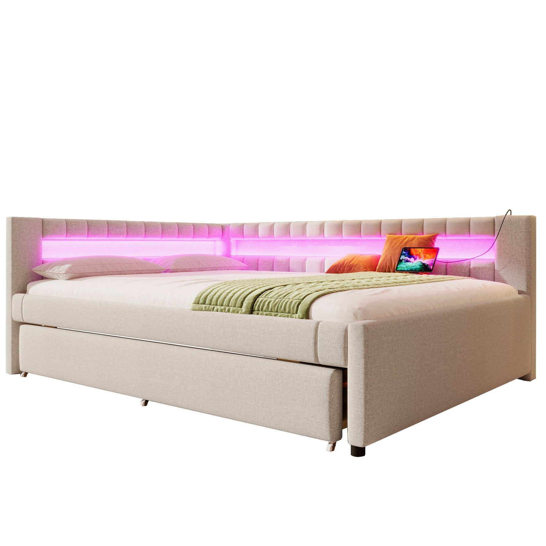 Daybed with Pull-Out Bed, LED Light Strip and USB Ports, Beige Linen