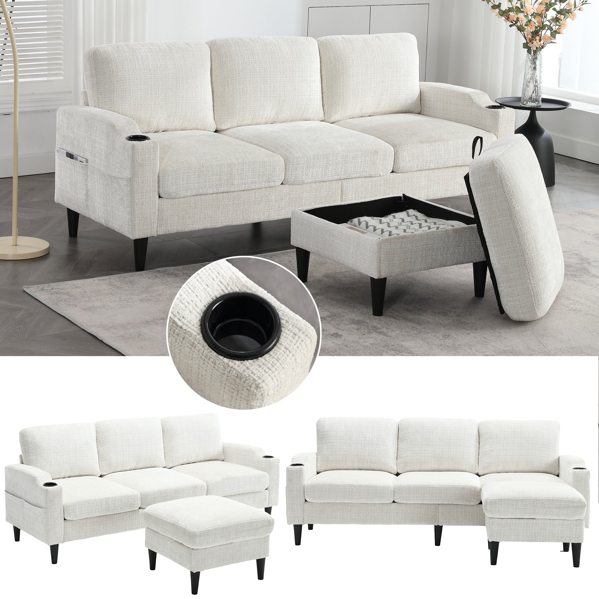 Sofa with Footstool & Storage, 4-Seater Velvet