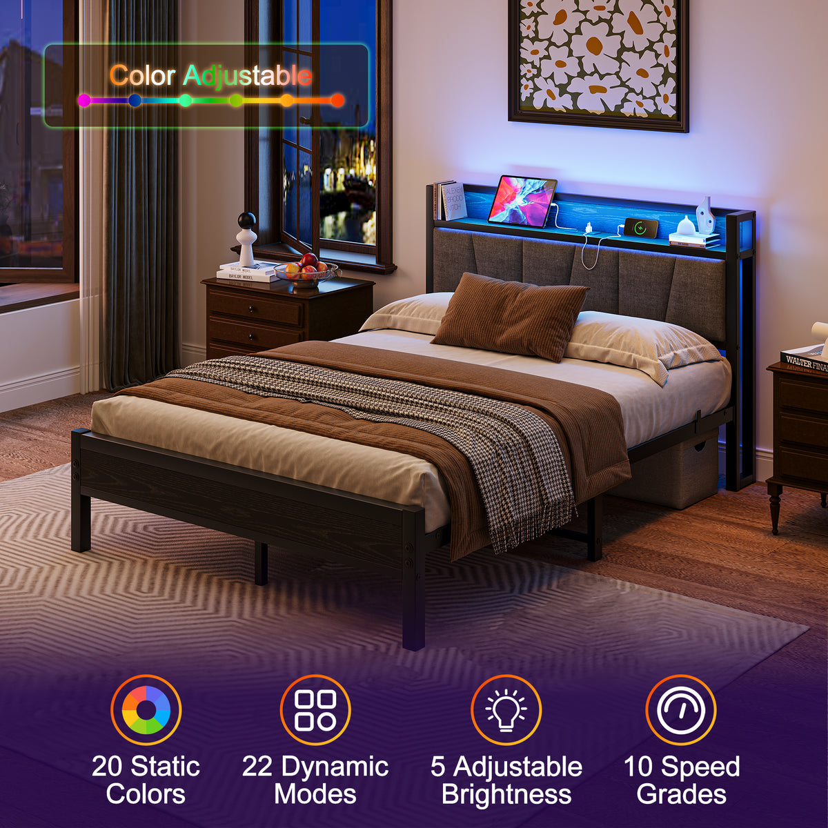 Bed Frame 140x190cm with LED Light & USB Station, Metal