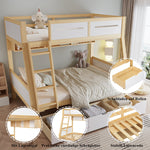 Bunk Bed, 3 Drawers, Book Stand, Fenced, Stepladder, Pine + MDF + Plywood, White + Natural