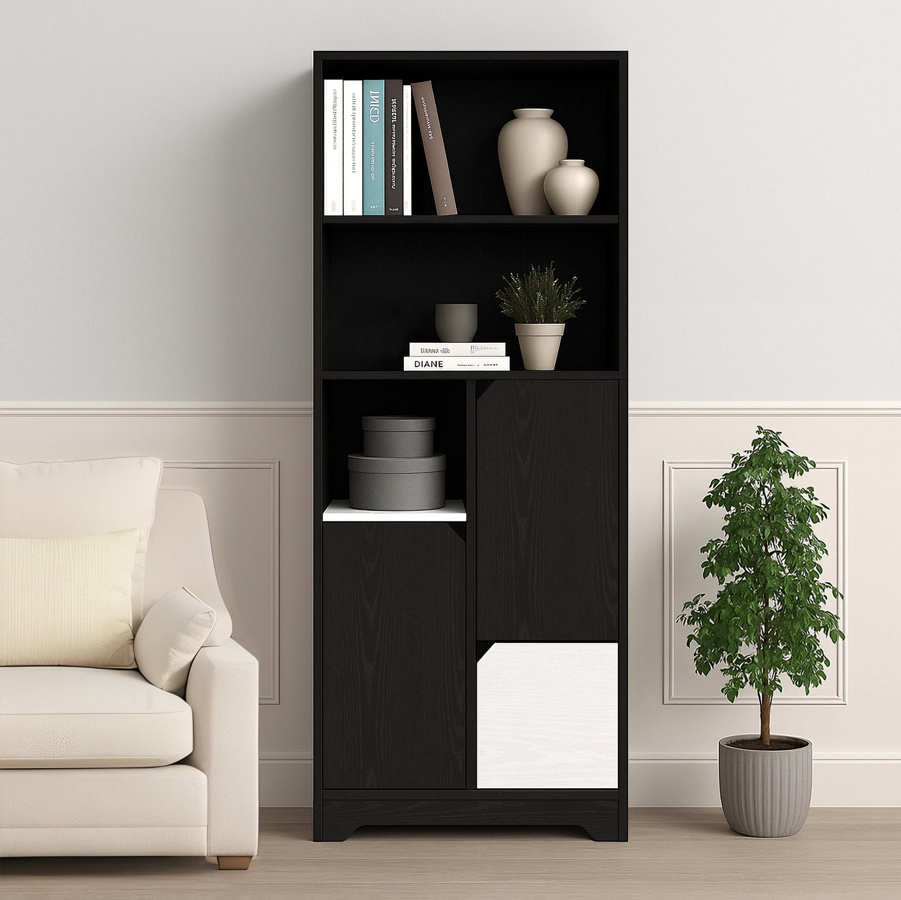 Multifunctional Bookcase with Open Storage, Doors & Drawers - Black/White