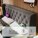 Upholstered Double Bed with Hydraulic Storage, USB Charging and LED, 180x200cm, Grey Cotton