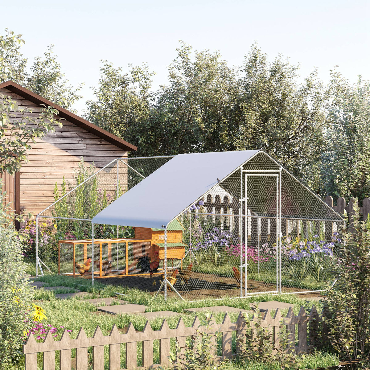 XXL Chicken Coop Run Shaded Roof Lock for 8-12 Poultry, Steel 3x4x2m