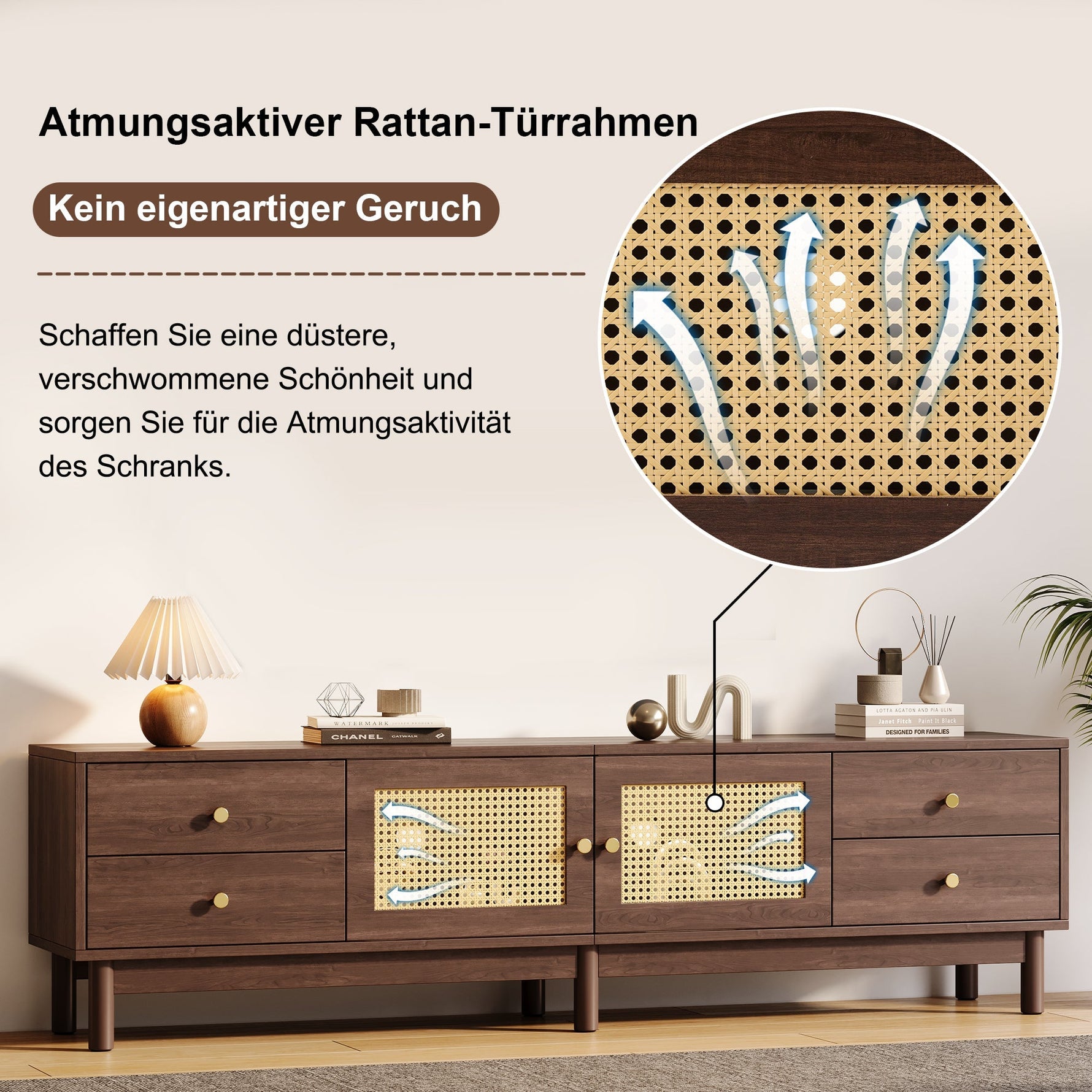 TV Cabinet, 180cm with Rattan Doors, 4 Drawers, Cable Management, Dark Wood