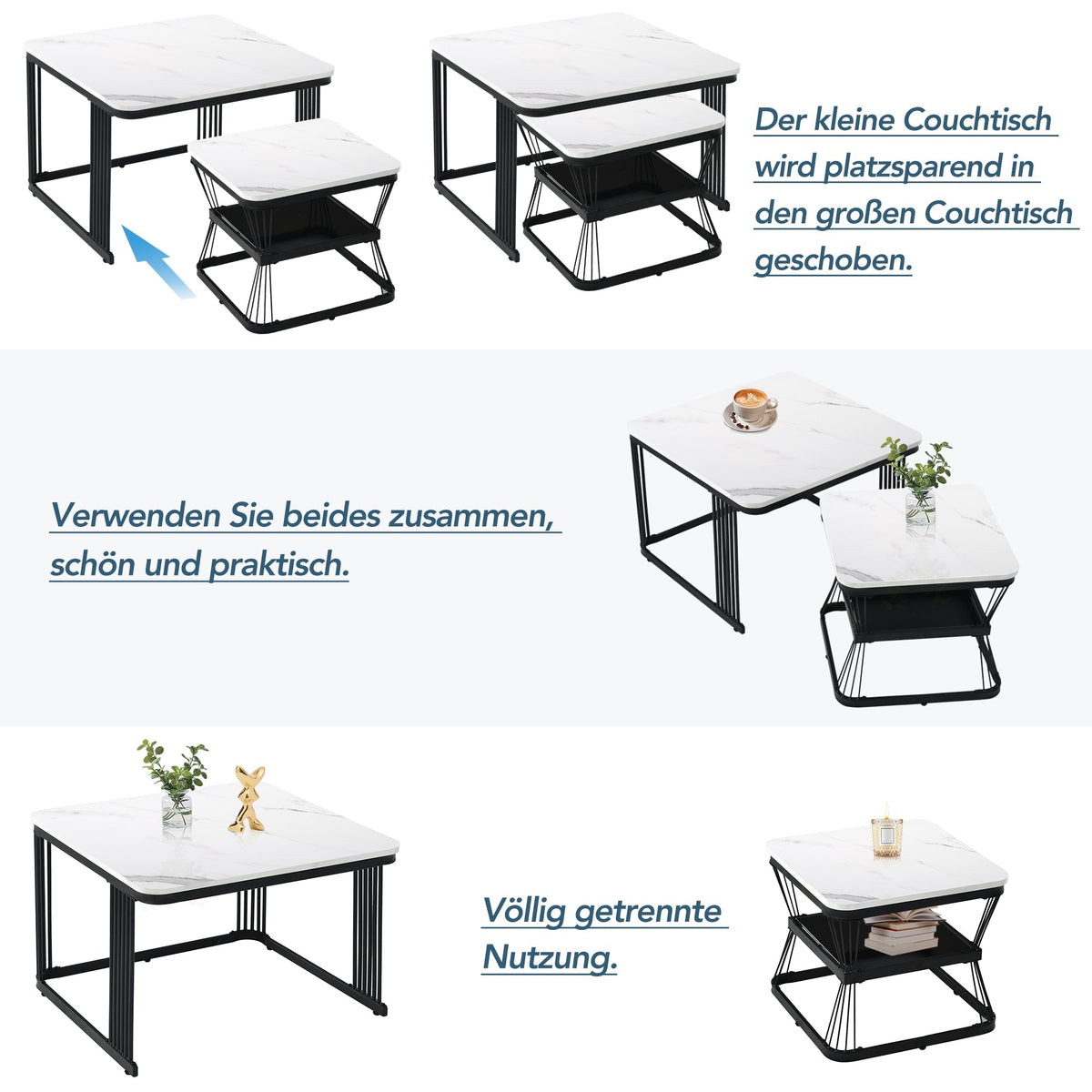 Set of 2 Modern Side Tables Marble Look Steel Frame - White/Black