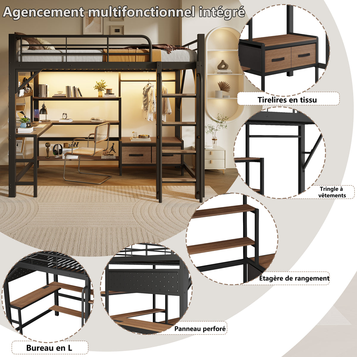 Loft Bed 140x200cm with Desk, LED Light & Shelves, Black Iron