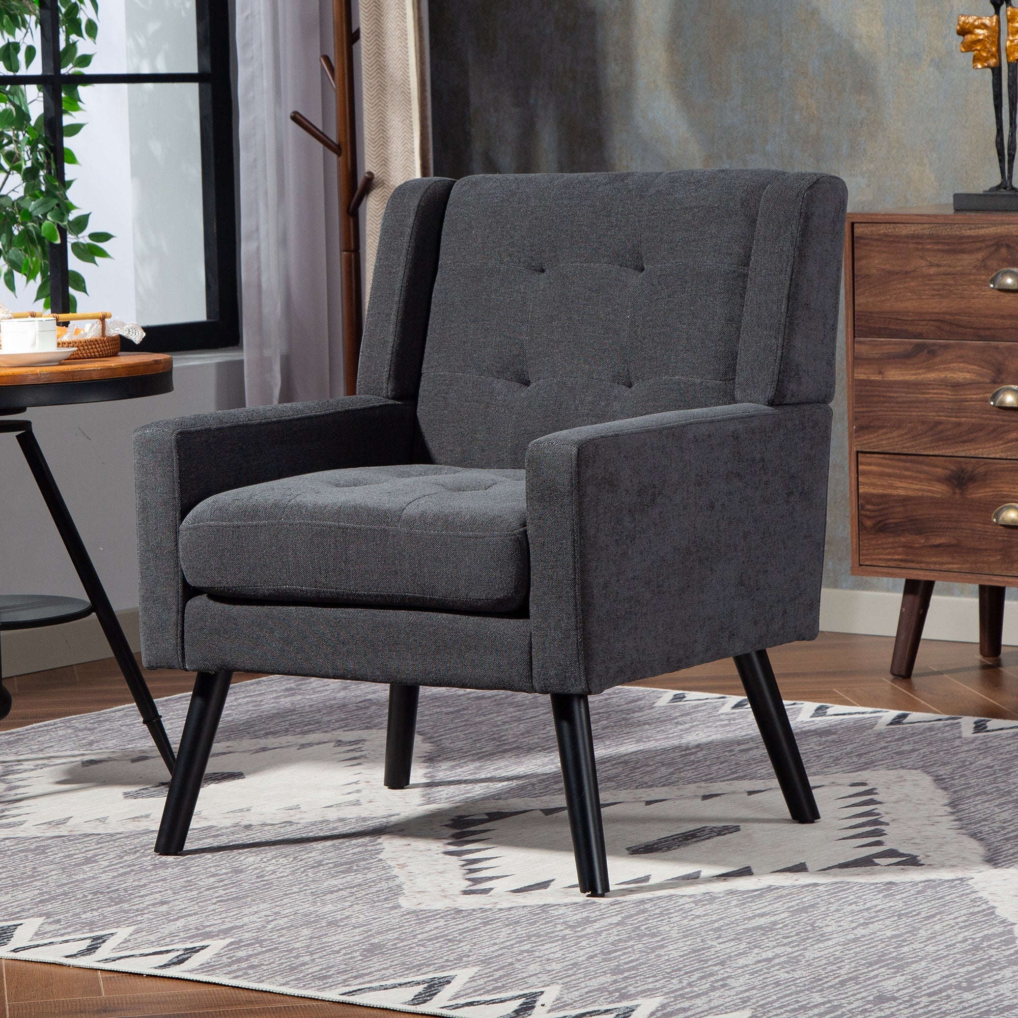 Upholstered Armchair with High-Density Foam and Solid Wood Legs, Black Suede