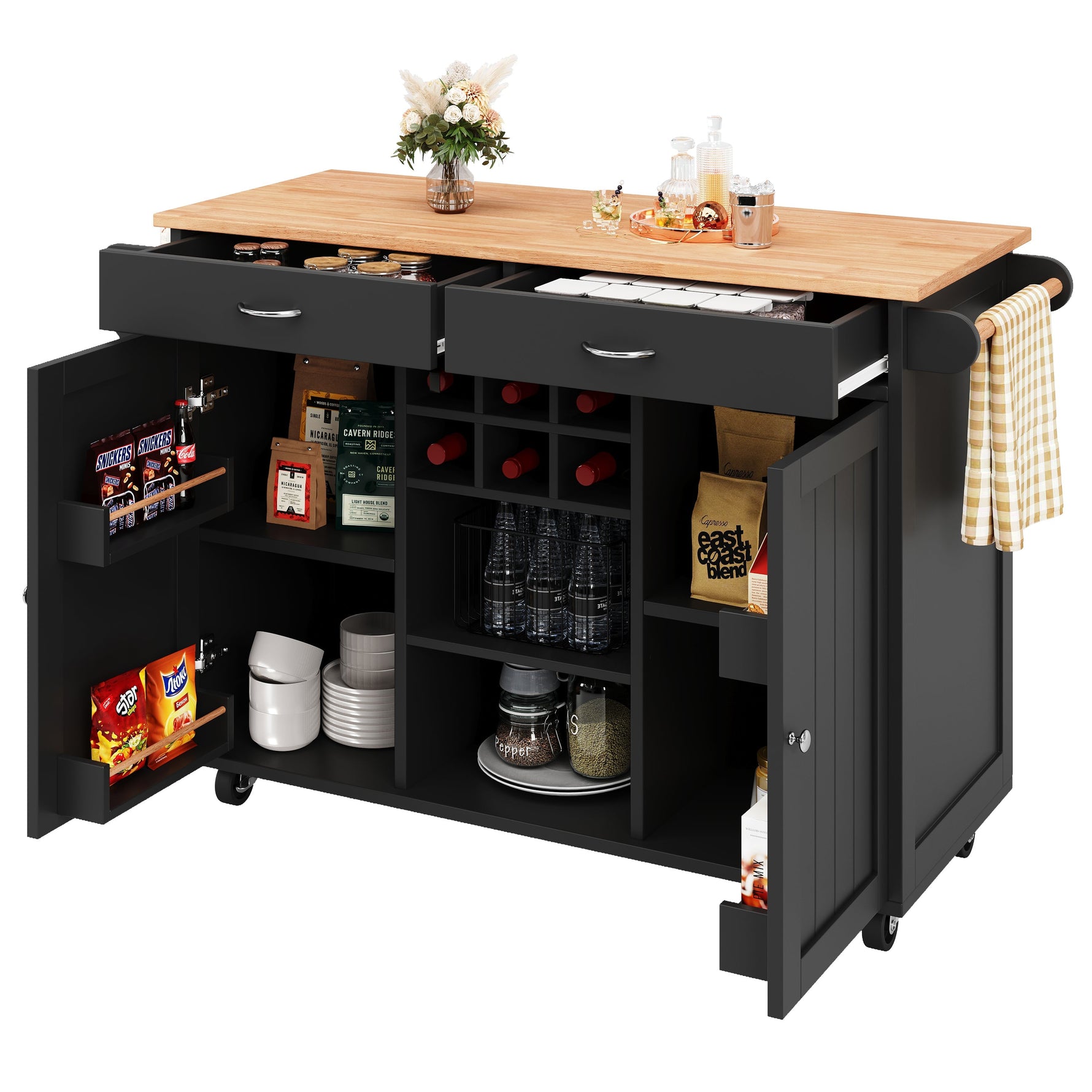 Modern Kitchen Island 102cm Dining Cart Storage - Black