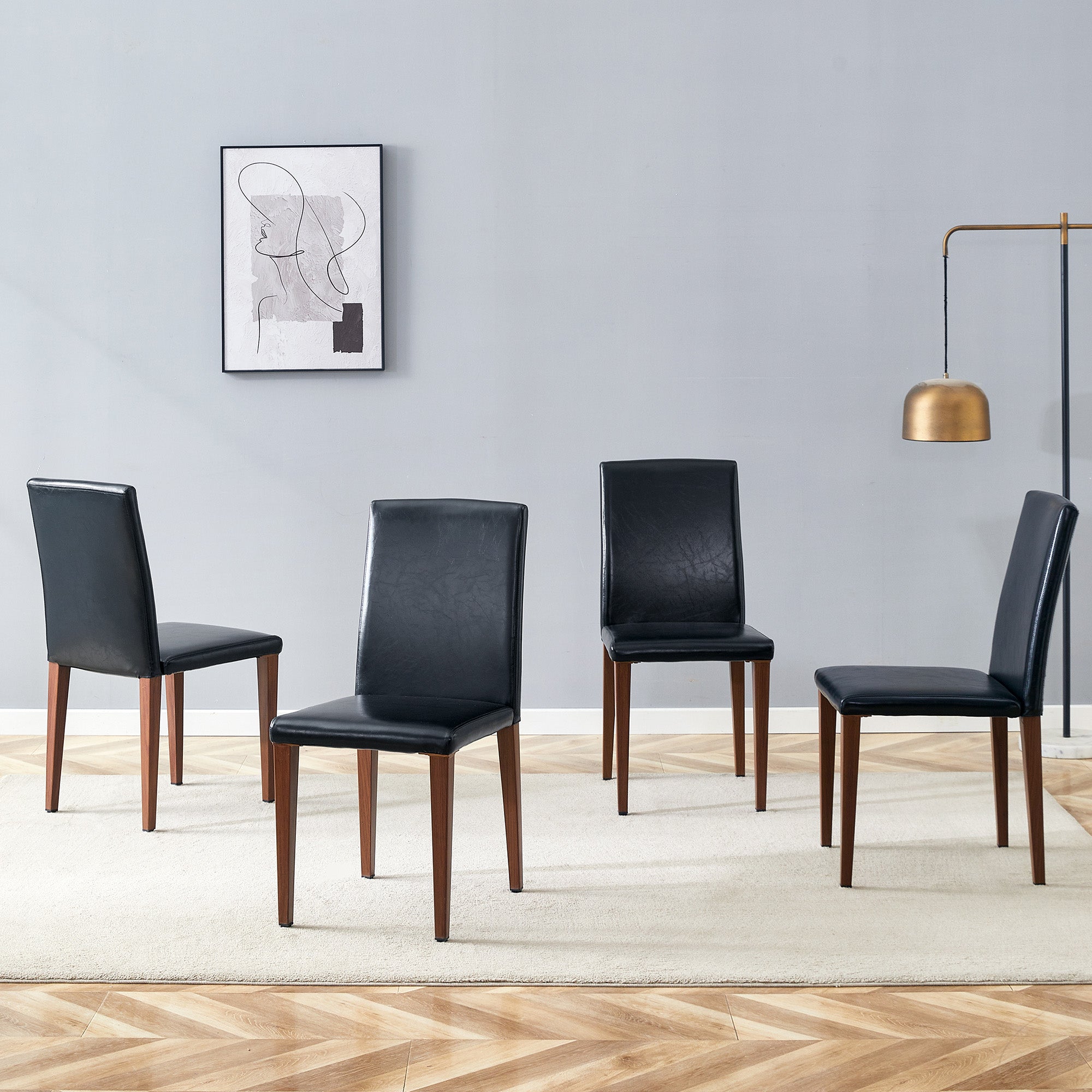 Minimalist Dining Chairs Set of 4, PU Leather and Metal Legs, Black and Walnut finish