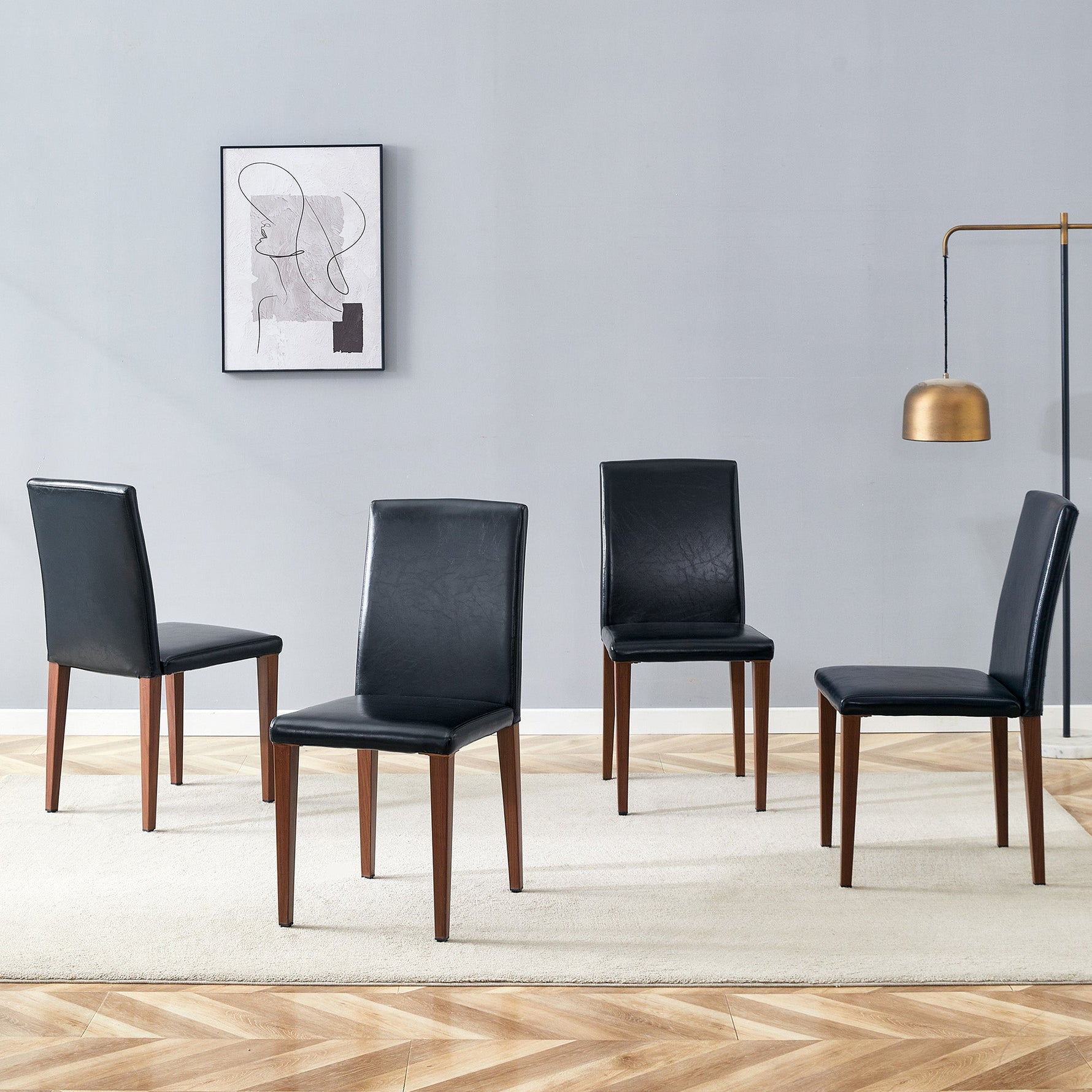 Minimalist Dining Chairs Set of 4, PU Leather and Metal Legs, Black and Walnut finish