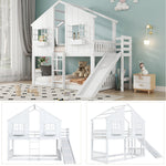 Bunk Bed with Slide, Roof & Window, Safety Gate, 3-Step Ladder, Pine + MDF, White, 90x200cm