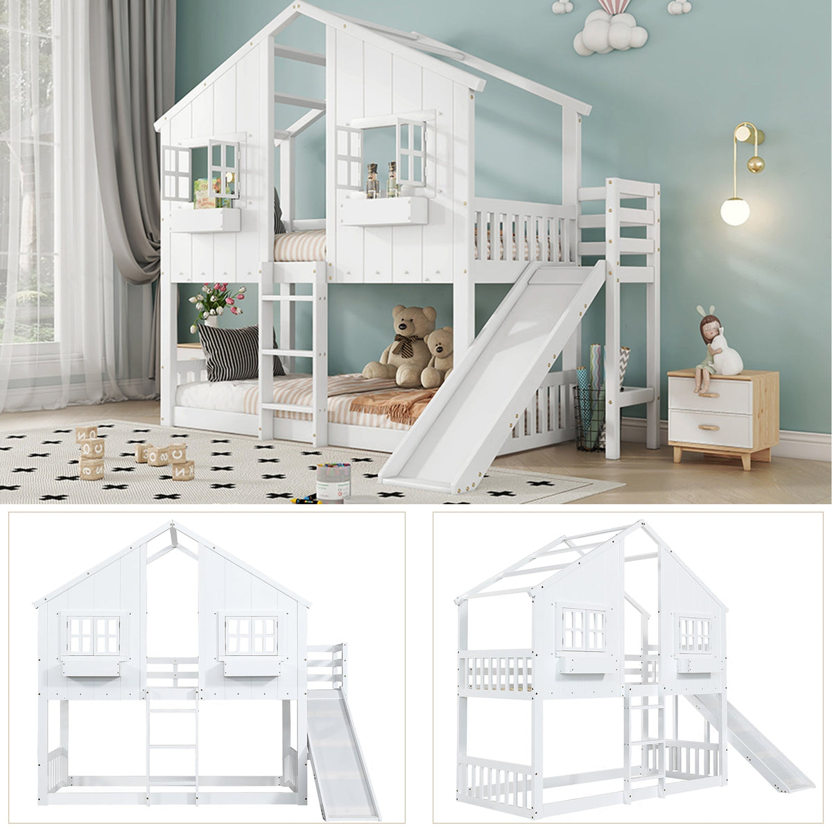 Bunk Bed with Slide, Roof & Window, Safety Gate, 3-Step Ladder, Pine + MDF, White, 90x200cm