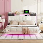 Upholstered Bed 140*200, LED, USB, Storage Headboard, Floating Design, Linen Beige