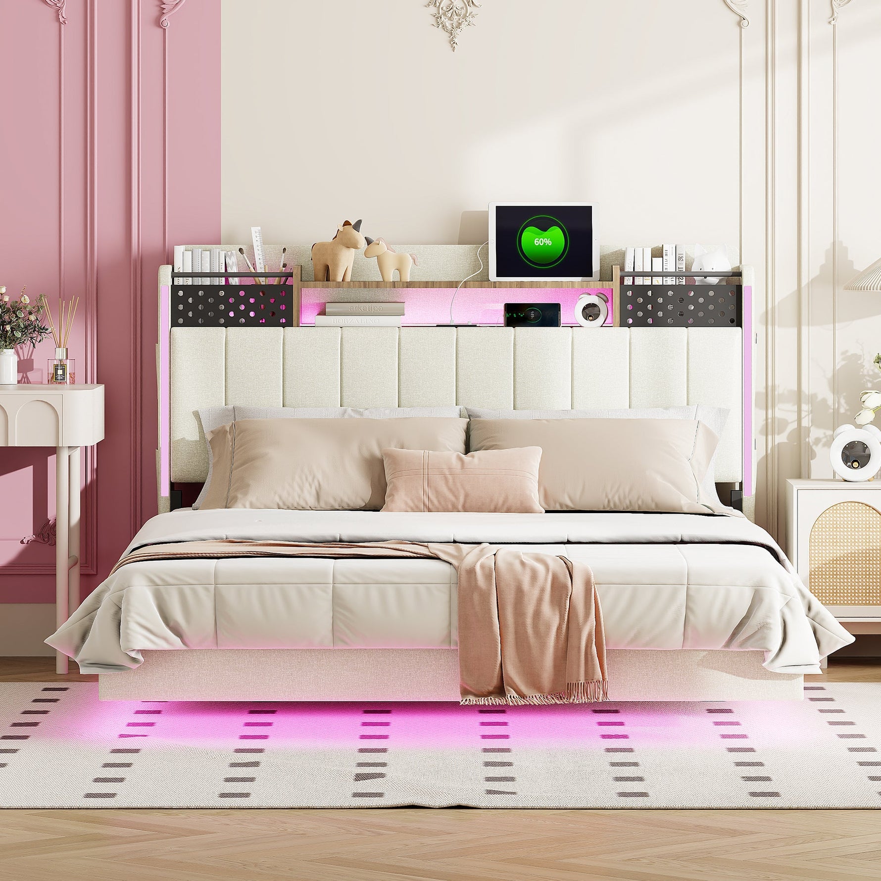 Upholstered Bed 140*200, LED, USB, Storage Headboard, Floating Design, Linen Beige