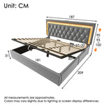 Upholstered Bed 180x200cm with LED & Storage, Grey Velvet