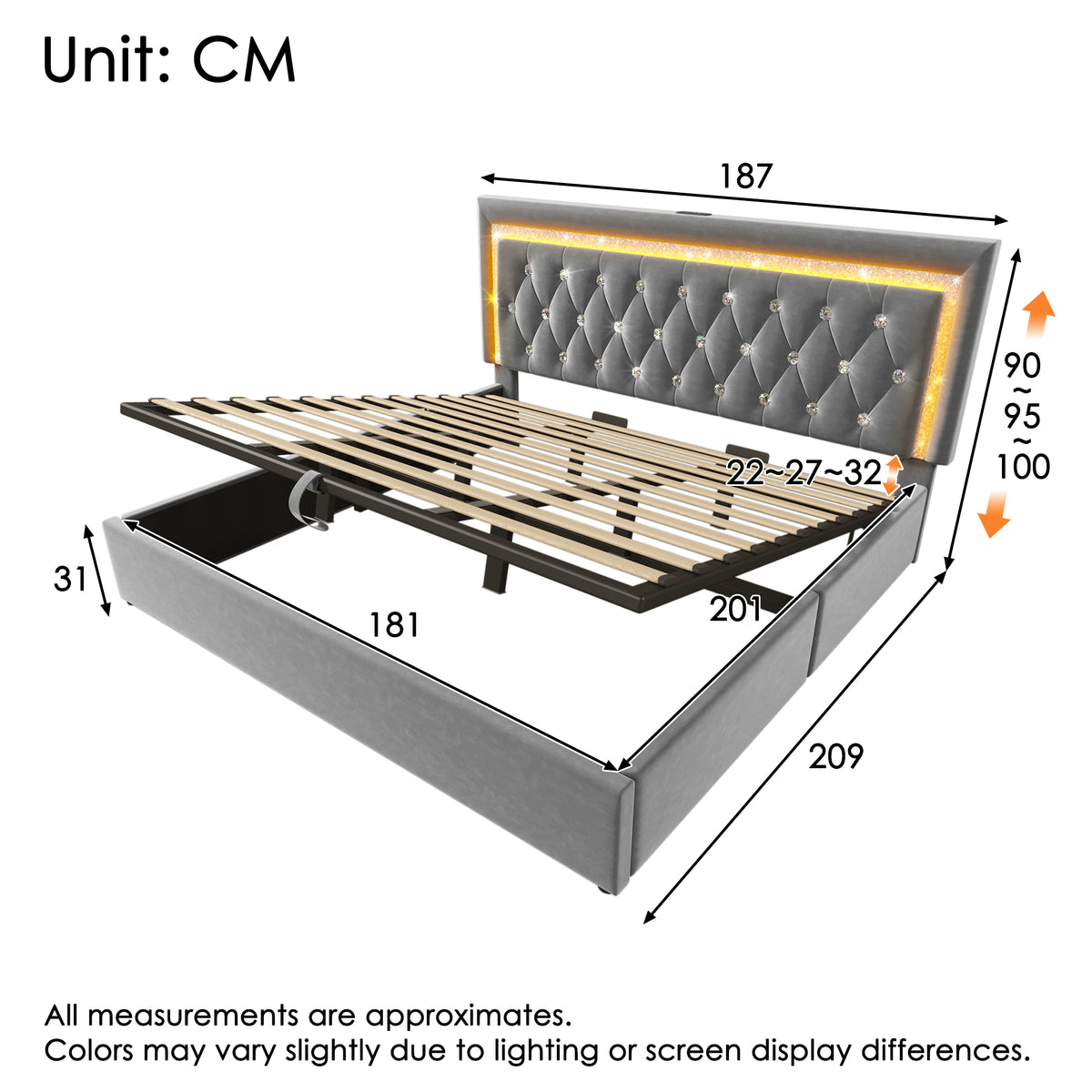 Upholstered Bed 180x200cm with LED & Storage, Grey Velvet