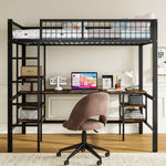 Iron Bunk Bed 90x200cm with Table Shelf Ladder for Children/Teens, Black/Dark Wood Color, Iron/Chipboard