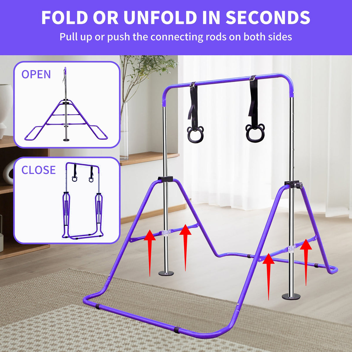 Adjustable Gymnastics Bar, Height-Adjustable Extendable Steel, Purple