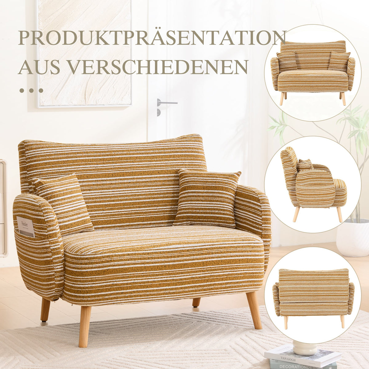Modern Two-Seater Sofa with Armrest Cushions and Storage Bag, Loop Fabric