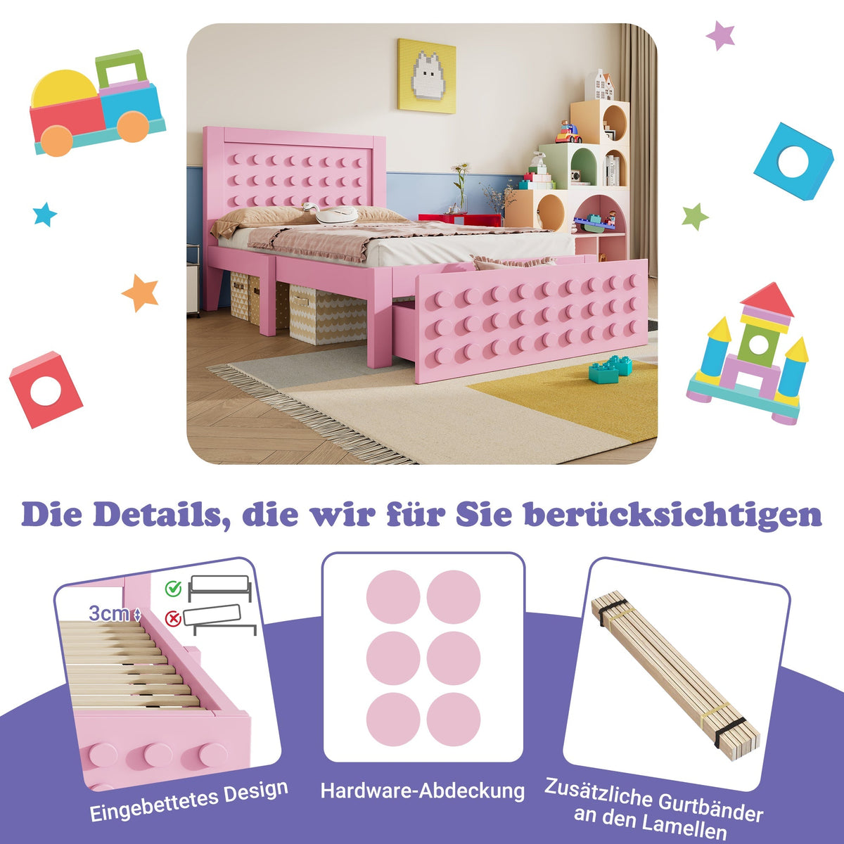 Wooden Single Bed, 90x200 cm with Drawers, Pink