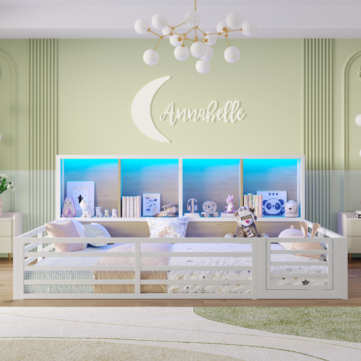 Fence Daybed Platform Bed 140x200cm with Storage, White Metal