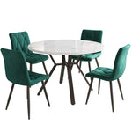 Dining Table Set 5-Piece Round Marble 4 Chairs Black Metal Legs Green Suede