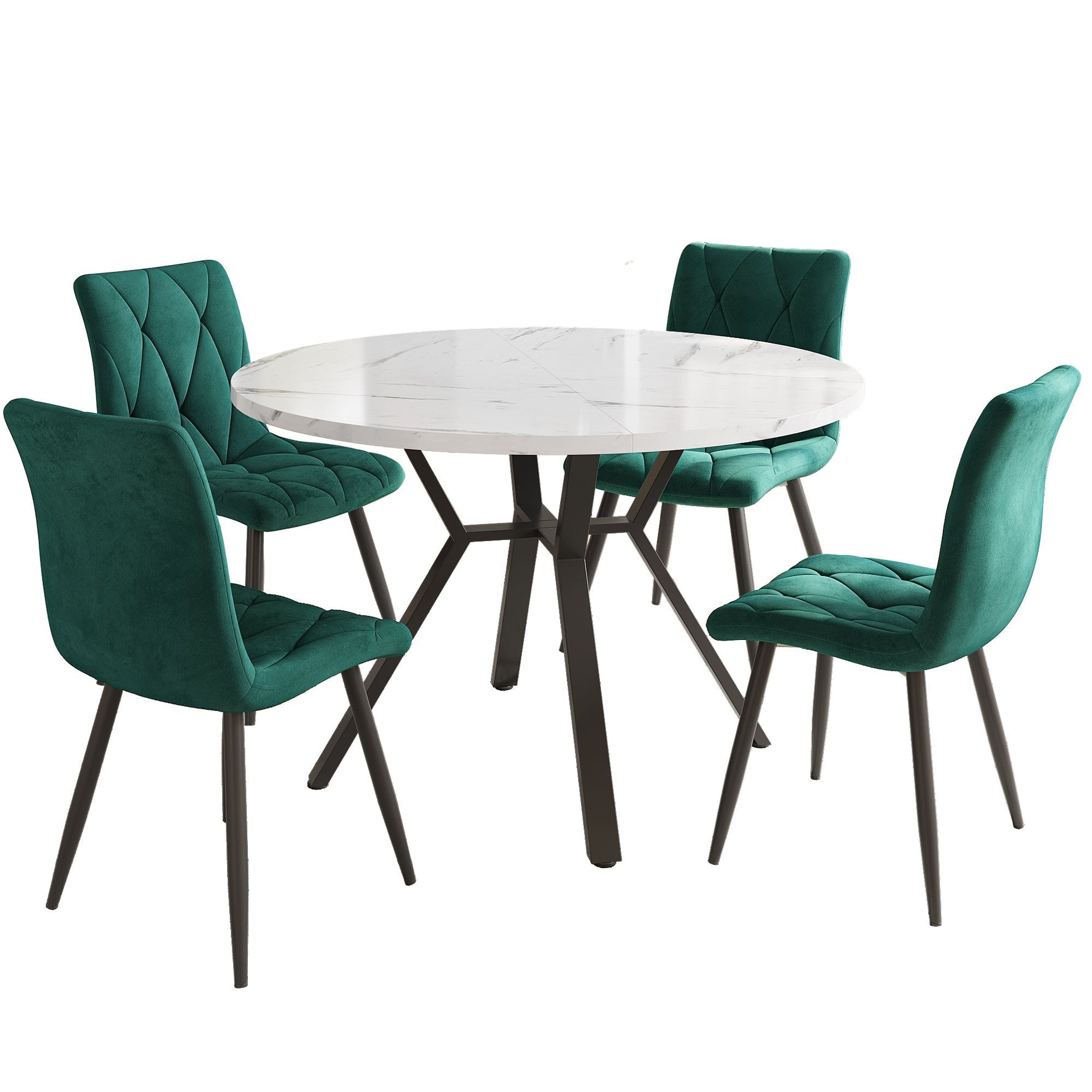 Dining Table Set 5-Piece Round Marble 4 Chairs Black Metal Legs Green Suede