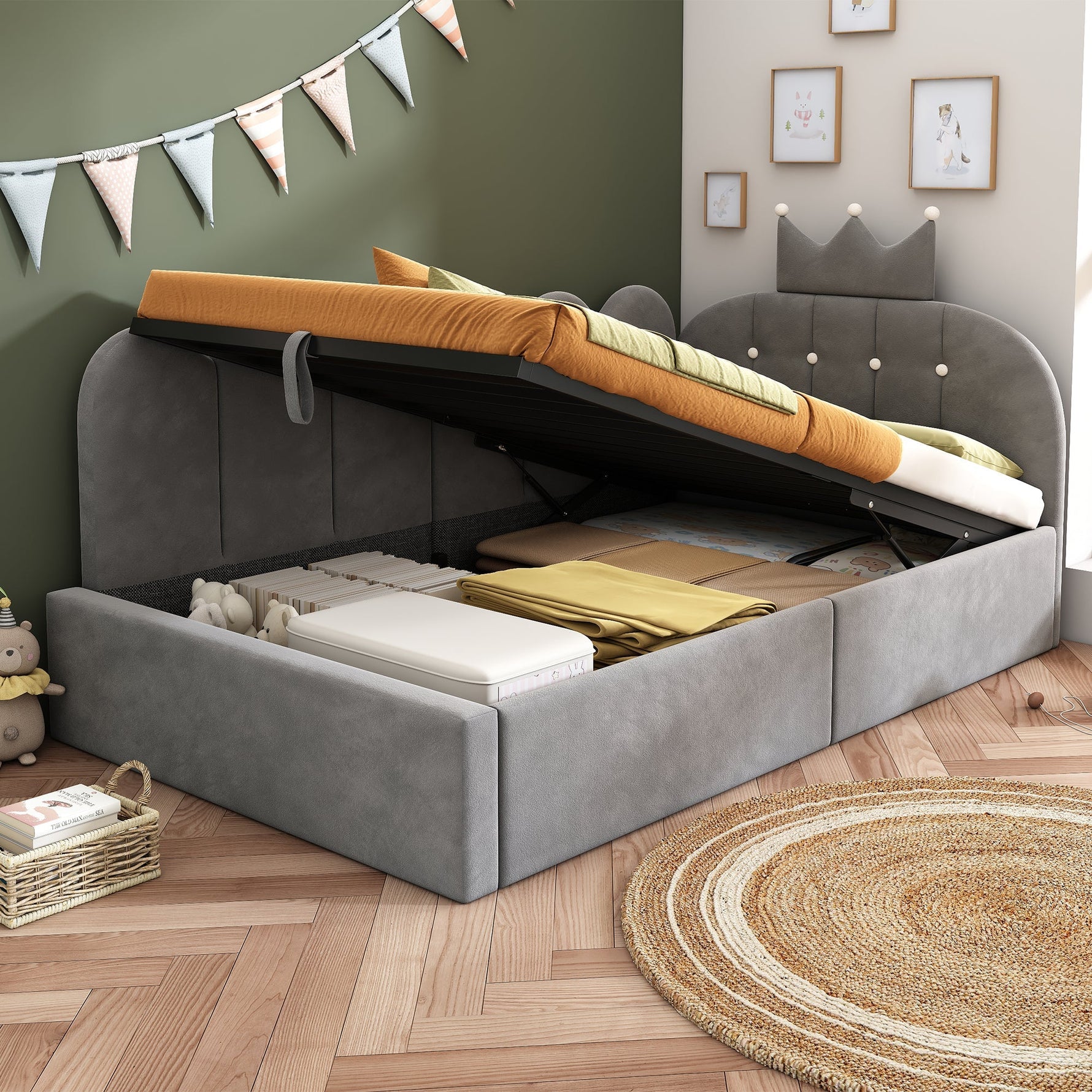 Upholstered Daybed with Hydraulic Storage and Crown Lattice Design, 90x200cm, Grey Velvet