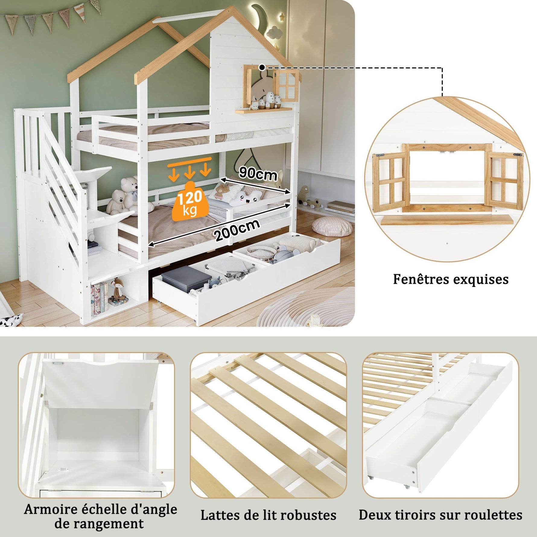 Bunk Bed with Storage Stairs, House Design 90x200cm, Pine/MDF White/Natural