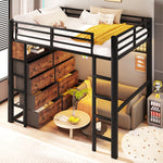Loft Bed 140x200cm with 8 Drawers & LED Lighting, Black Metal