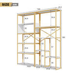Modern Minimalist Shelf with Multi-Tier Storage and Steel Frame, Gold and White