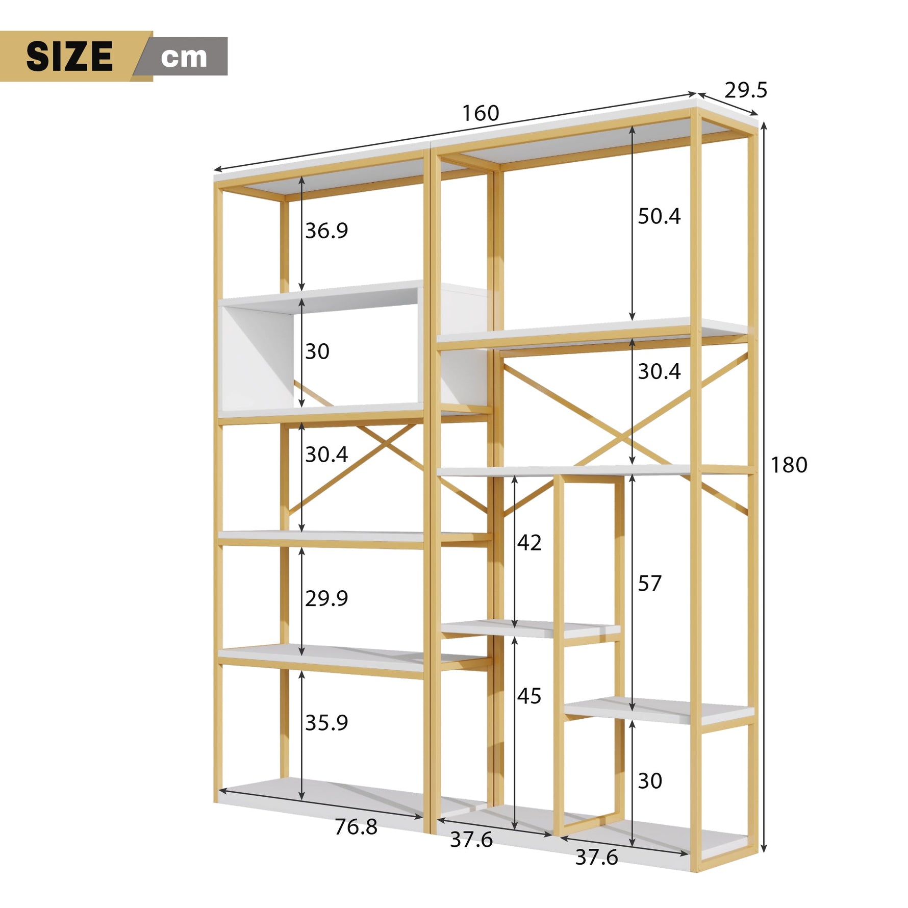 Modern Minimalist Shelf with Multi-Tier Storage and Steel Frame, Gold and White