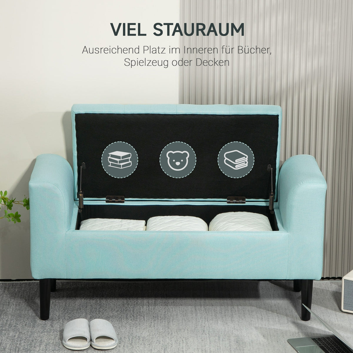 Storage Bench, Upholstered with Storage Box, Linen Look Green