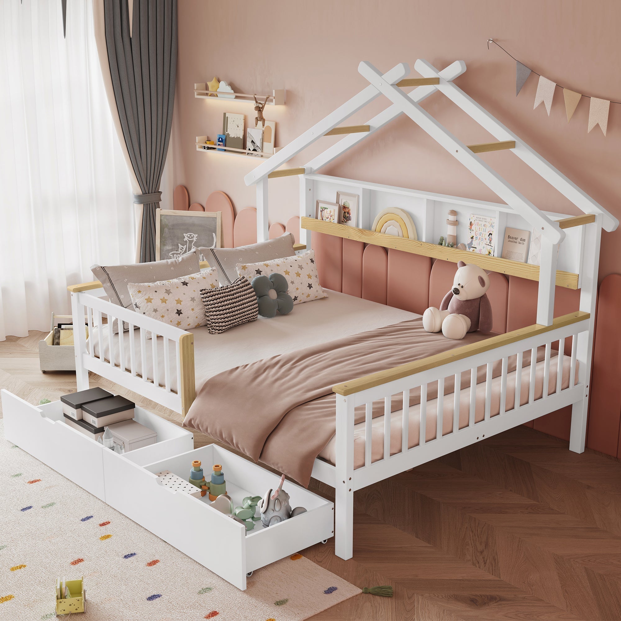 Children's Bed Roof Design, Railing, Storage Drawers, 140x200cm, Pine+MDF White/Natural