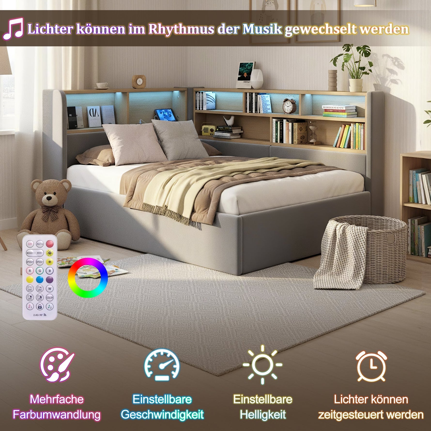 Daybed with Hydraulic Storage, LED and USB, Grey Velvet