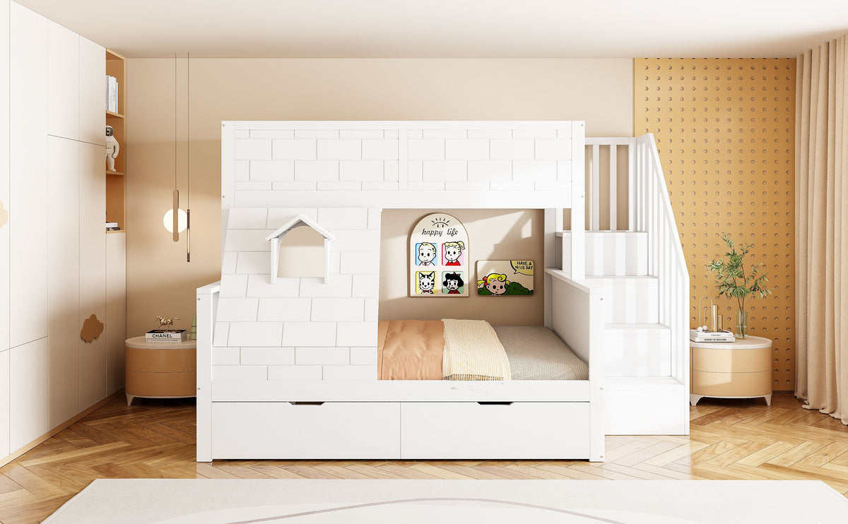 Bunk Bed with Safety Ladder, Drawers and Window, 90x200cm and 140x200cm, Solid Wood