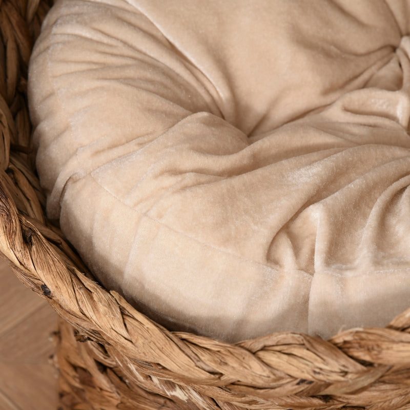 Cat Basket, Cave Hut Bed with Cushion, Water Hyacinth Brown