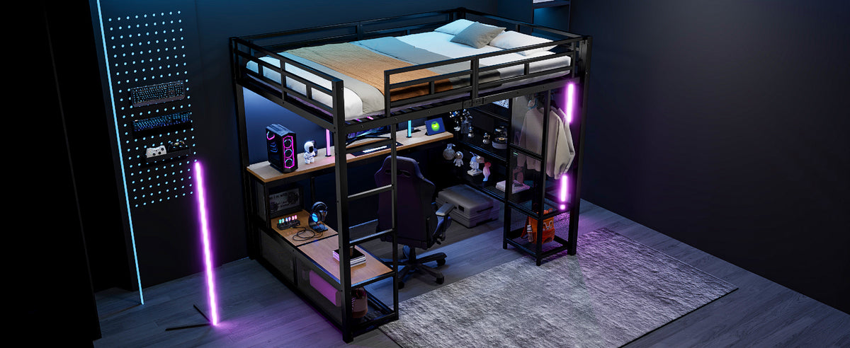 Loft Bed 140x200cm with Storage, Wardrobe & LED, Black Metal