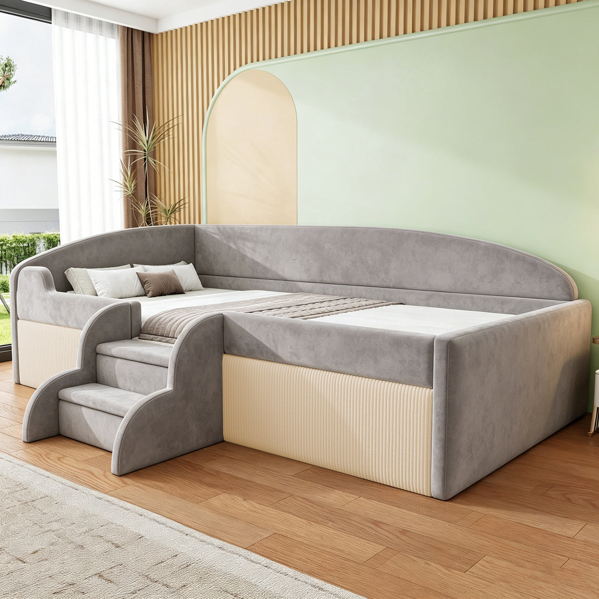 Upholstered Children's Bed 90x190cm with Steps, Grey Velvet