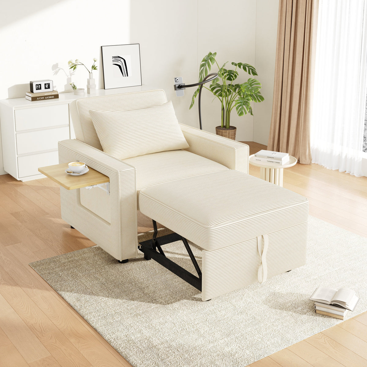 Multifunctional Foldable Sofa Bed 1-Seater Recliner USB Charging Space-Saving Corduroy Fabric Beige