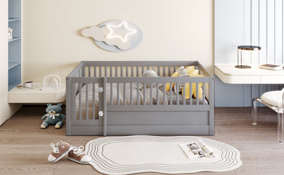 Children's Bed 140x200cm with Railing & Door, Grey Wood