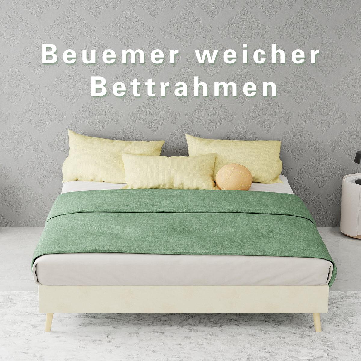 Modern Minimalist Bed Frame 140x200cm with Mattress, Beige Velvet