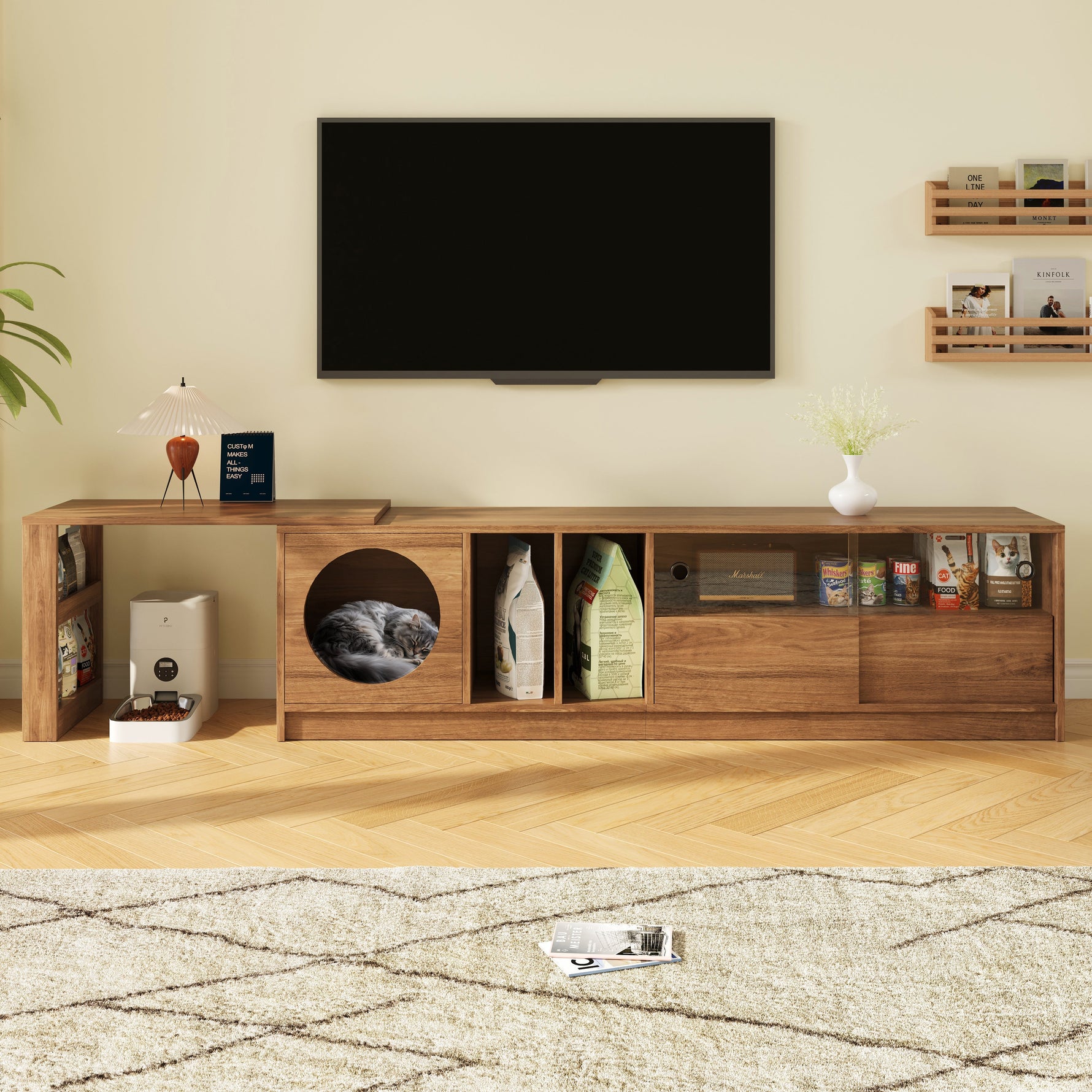 Modern Rotating TV Cabinet Extendable Pet-Friendly Glass Doors 180(+80)x40x50 cm - Walnut