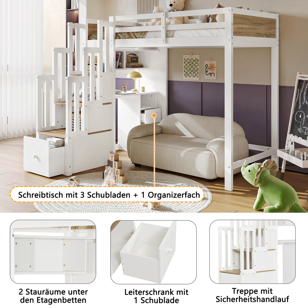 Wooden Mid-Sleeper Bed 90x200cm with Desk & Drawers, White & Natural