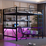 Loft Bed 140x200cm Desk LED USB/Power Outlet Shelf - Metal Black